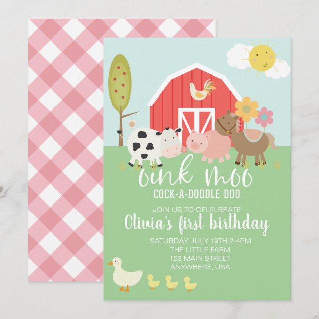 Farm animal birthday invitation with pink plaid (Front/Back)