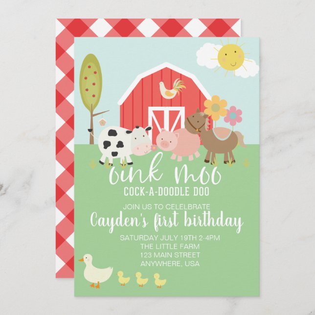 Farm animal birthday invitation with red plaid (Front/Back)