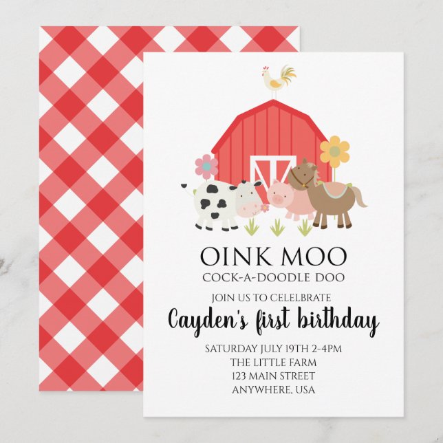 Farm animal birthday invitation with red plaid (Front/Back)