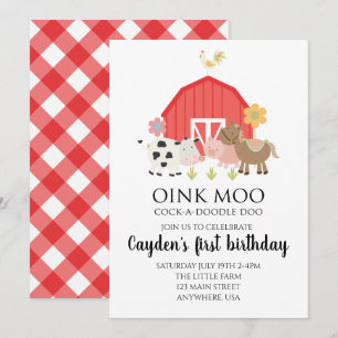 Farm animal birthday invitation with red plaid