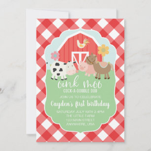 Farm animal birthday invitation with red plaid