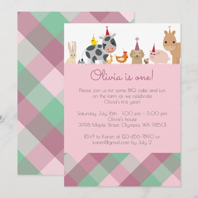 Farm Animal Birthday Party Invitation - Girl Colou (Front/Back)
