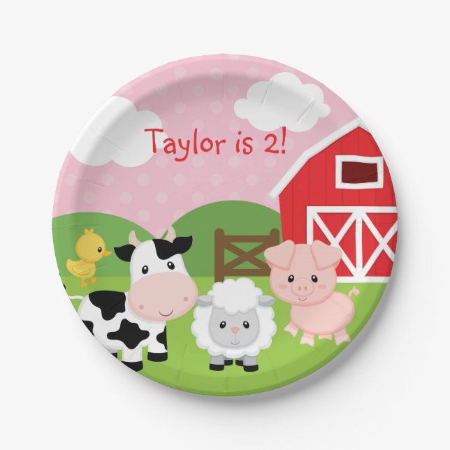 Farm Animal Birthday Party Paper Plates (Pink) (Front)