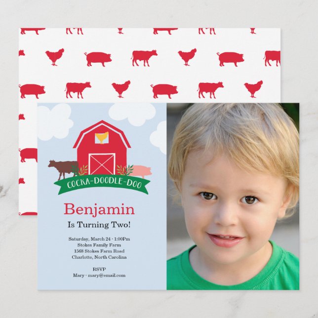 Farm Animal Birthday Party Photo Invitation (Front/Back)