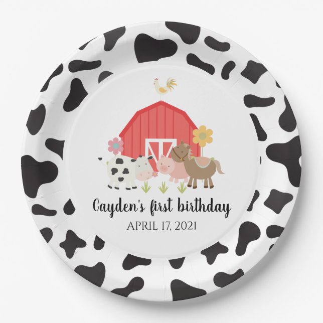 Farm Animal Birthday Party Plates cow print (Front)