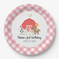 Farm Animal Birthday Party Plates pink plaid