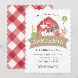 Farm Animal Birthday Party Red Check Boy or Girl Invitation