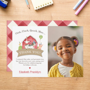Farm Animal Birthday Party Red Check Boy or Girl Thank You Card