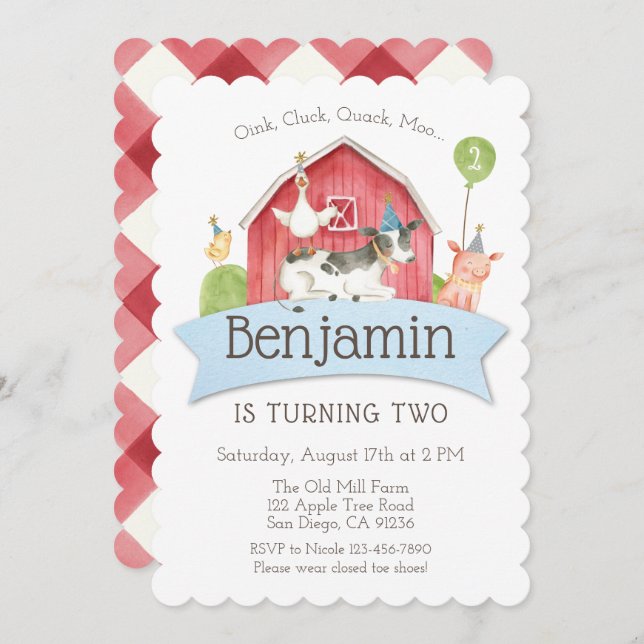Farm Animal Birthday Party Red Check Invitation (Front/Back)