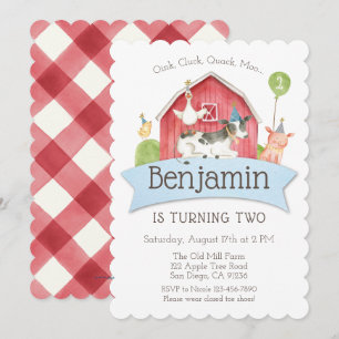 Farm Animal Birthday Party Red Check Invitation