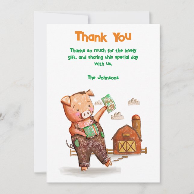 Farm Animal Birthday Party Thank You Card (Front)