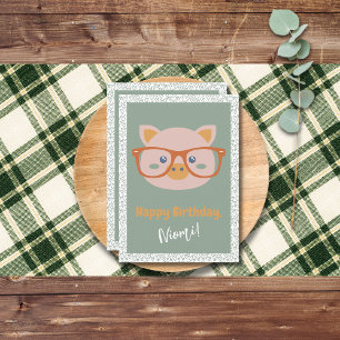 Farm Animal Birthday Piggy Green Hearts Pattern Invitation