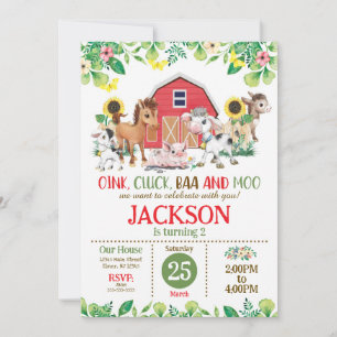 Farm Animal Boys Barnyard Party 2nd Birthday Invitation