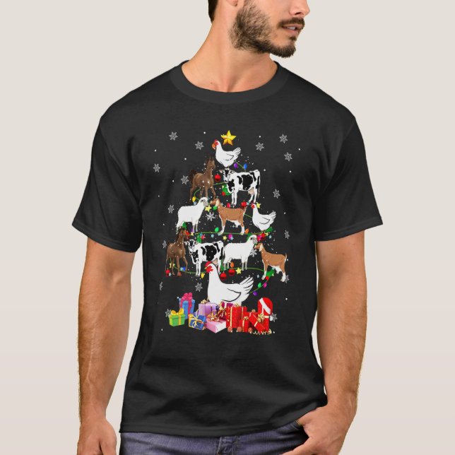 Farm Animal Christmas Tree Chicken Cow Goat Farmer T-Shirt (Front)