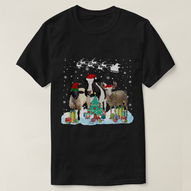 Farm Animal Christmas Tree Sheep Cow Goat Reindeer T-Shirt (Design Front)