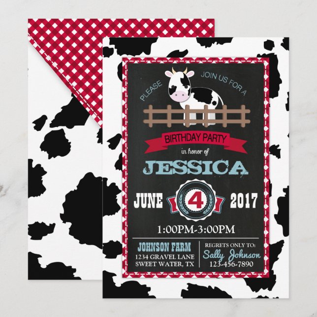 Farm Animal Cow Cowhide Gingham Country Birthday Invitation (Front/Back)