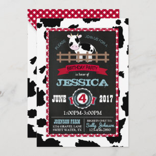 Farm Animal Cow Cowhide Gingham Country Birthday Invitation