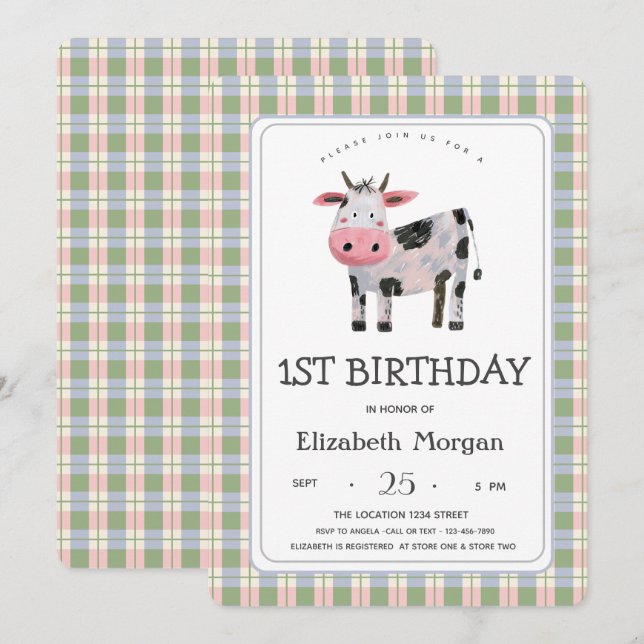 Farm Animal Cow Gingham Invitation (Front/Back)