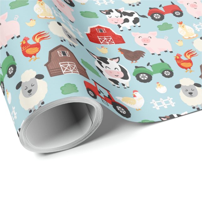 Farm Animal Cow Pig Barn Tractor Birthday Party Wrapping Paper (Roll Corner)