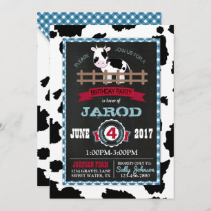 Farm Animal Cowhide Gingham Country Boy Birthday Invitation