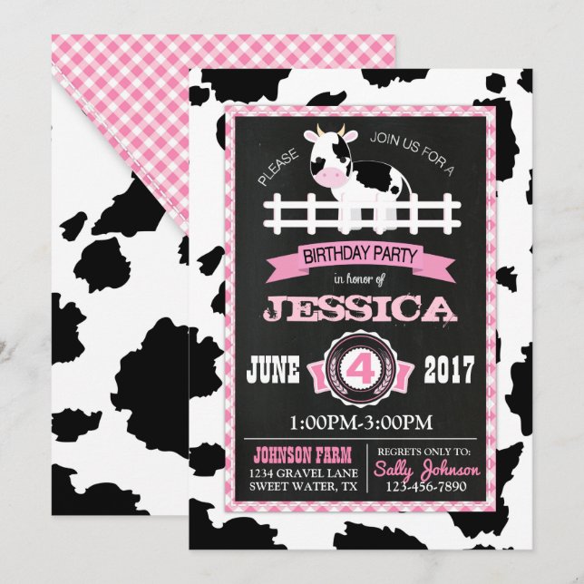 Farm Animal Cowhide Gingham Country Girl Birthday Invitation (Front/Back)