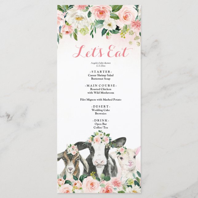 Farm Animal Floral Girl Baby Shower Menu (Front)