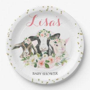 Farm Animal Floral Girl Baby Shower Paper Plate