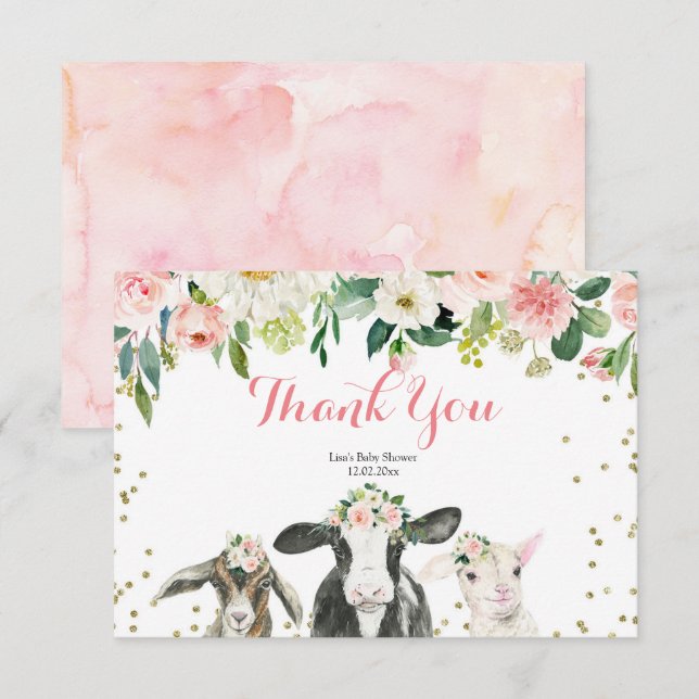 Farm Animal Floral Girl Baby Shower Thank You Card (Front/Back)