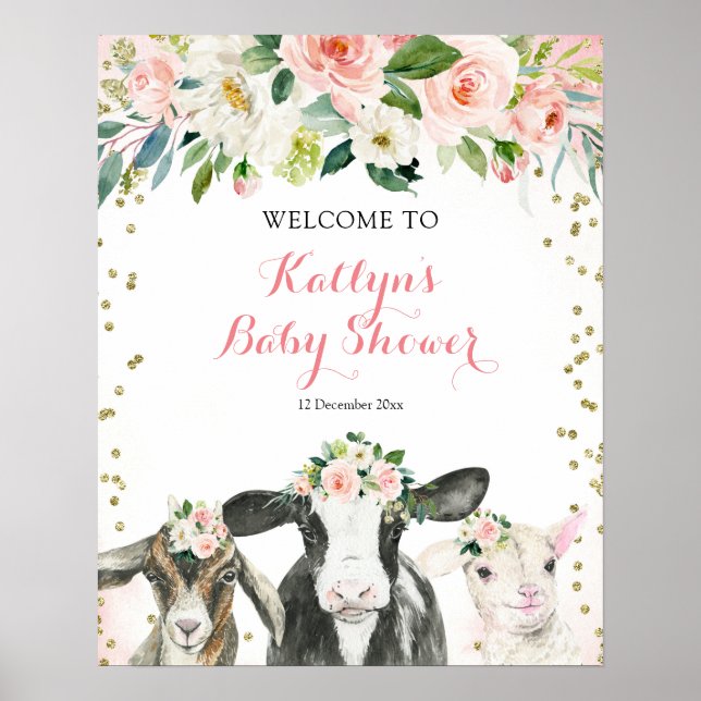Farm Animal Floral Girl  Baby Shower Welcome Sign (Front)
