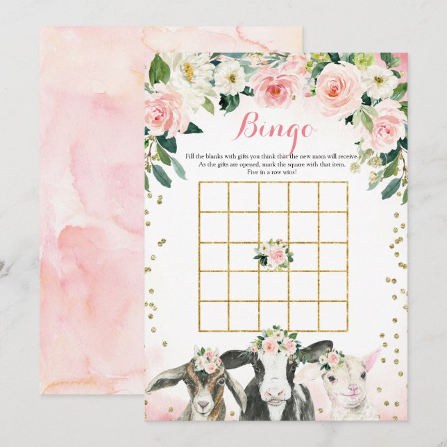 Farm Animal Floral Girl Bingo Game Card (Front/Back)