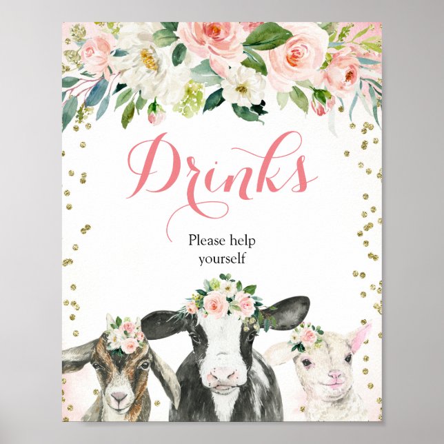 Farm Animal Floral Girl Take a Drinks Sign (Front)