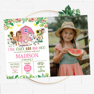 Farm Animal Girl Barnyard Party 2nd Birthday Photo Invitation