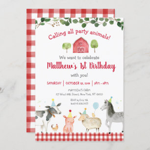 Farm Animal Greenery 1st Birthday Invitation