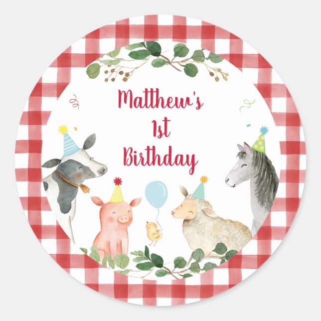 Farm Animal Greenery Birthday Classic Round Sticker (Front)