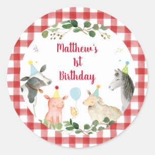 Farm Animal Greenery Birthday Classic Round Sticker