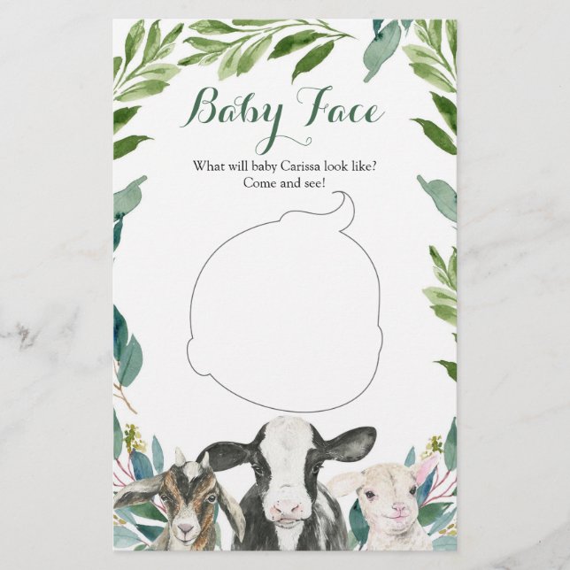 Farm Animal Greenery Boy Baby Shower Baby Face (Front)