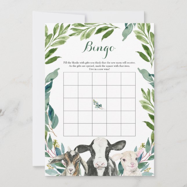 Farm Animal Greenery Boy Baby Shower Bingo Game Invitation (Front)