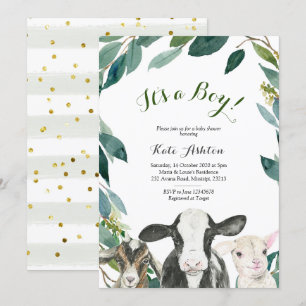 Farm Animal Greenery Boy Baby Shower Invitation
