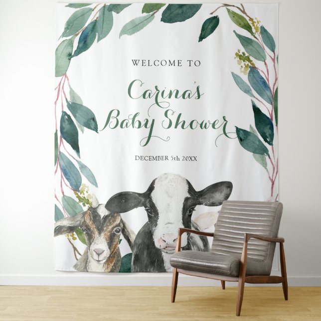 Farm Animal Greenery Boy Baby Shower Sign Tapestry (In Situ)