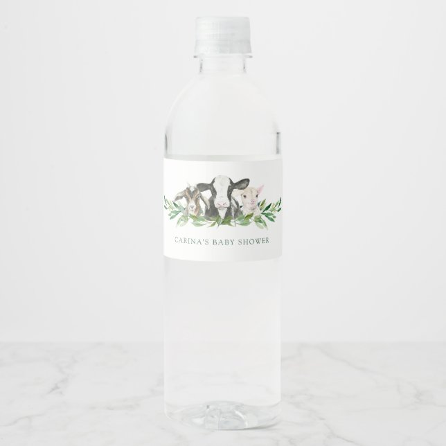 Farm Animal Greenery Boy Baby Shower Water Bottle Water Bottle Label (Front)