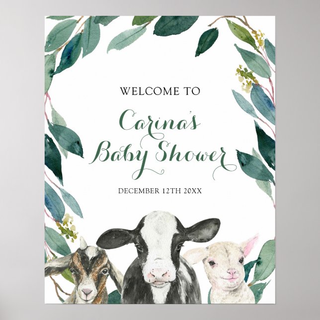 Farm Animal Greenery Boy Baby Shower Welcome Sign (Front)