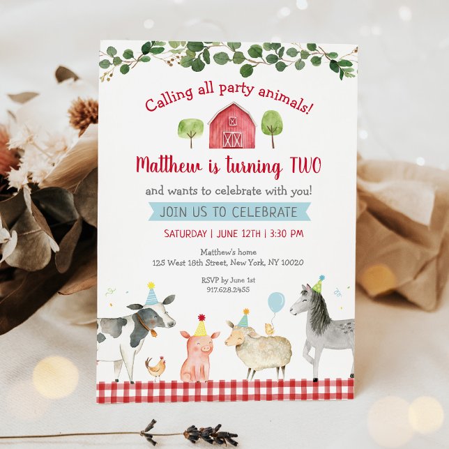 Farm Animal Greenery Party Animal Birthday Invitation (Creator Uploaded)