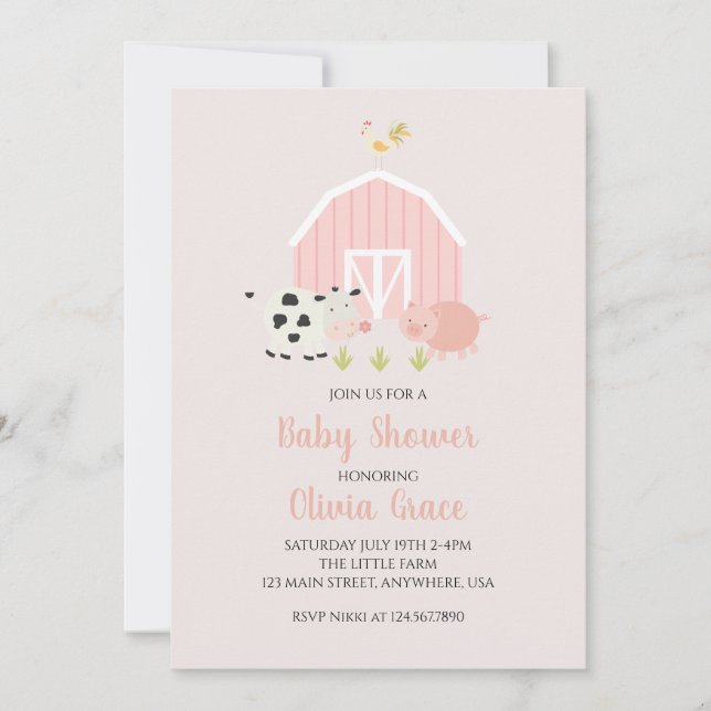 Farm animal pink barn baby shower invitation (Front)