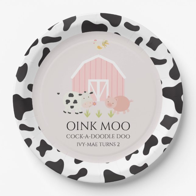 Farm Animal Pink Birthday Party Plates cow print (Front)