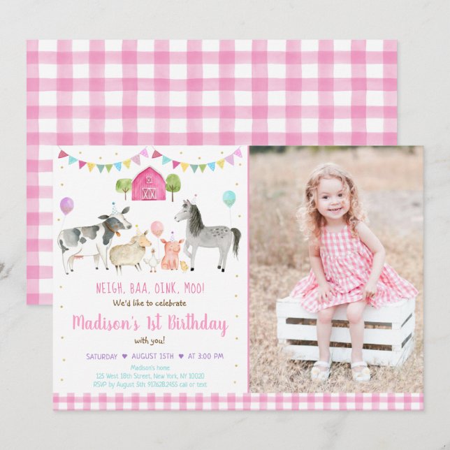 Farm Animal Pink Gold Balloon Birthday Invitation (Front/Back)