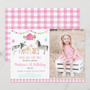 Farm Animal Pink Gold Balloon Birthday Invitation