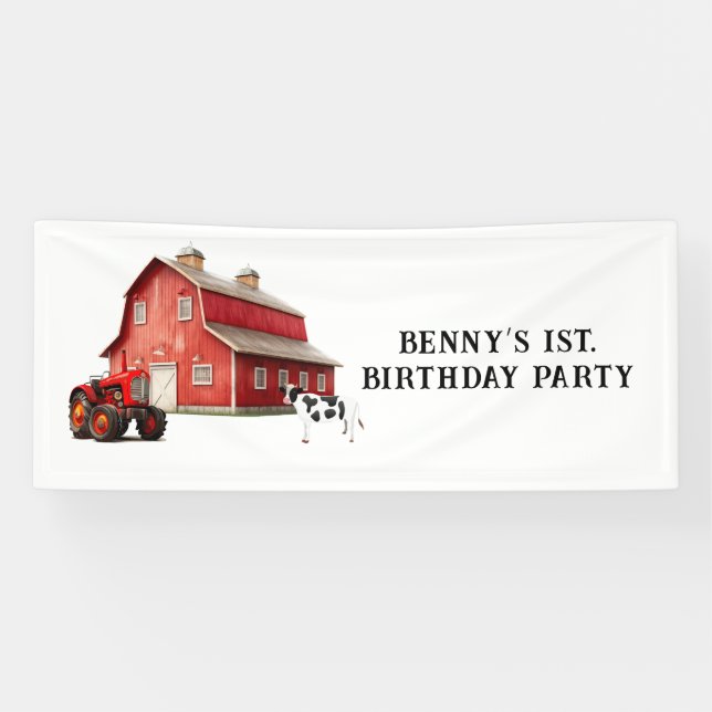 Farm Animal Red Barn Tractor 1st. Birthday Party Banner (Horizontal)