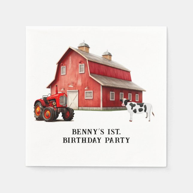 Farm Animal Red Barn Tractor 1st. Birthday Party Napkin (Front)