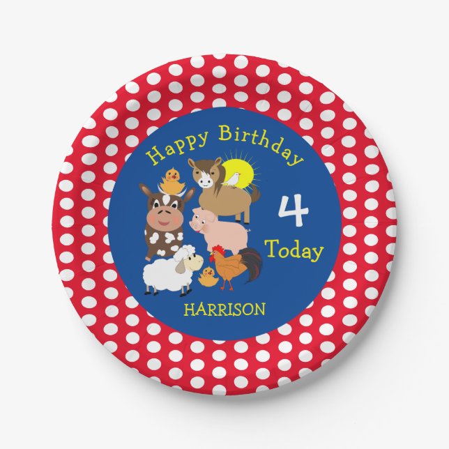 Farm Animal Themed Kids Birthday Party Editable Paper Plate (Front)