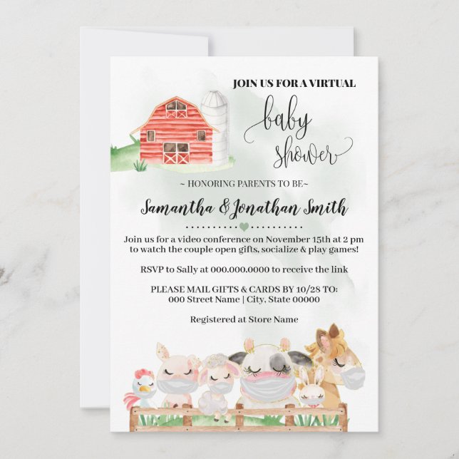 Farm animal Virtual Baby Shower social distance Invitation (Front)